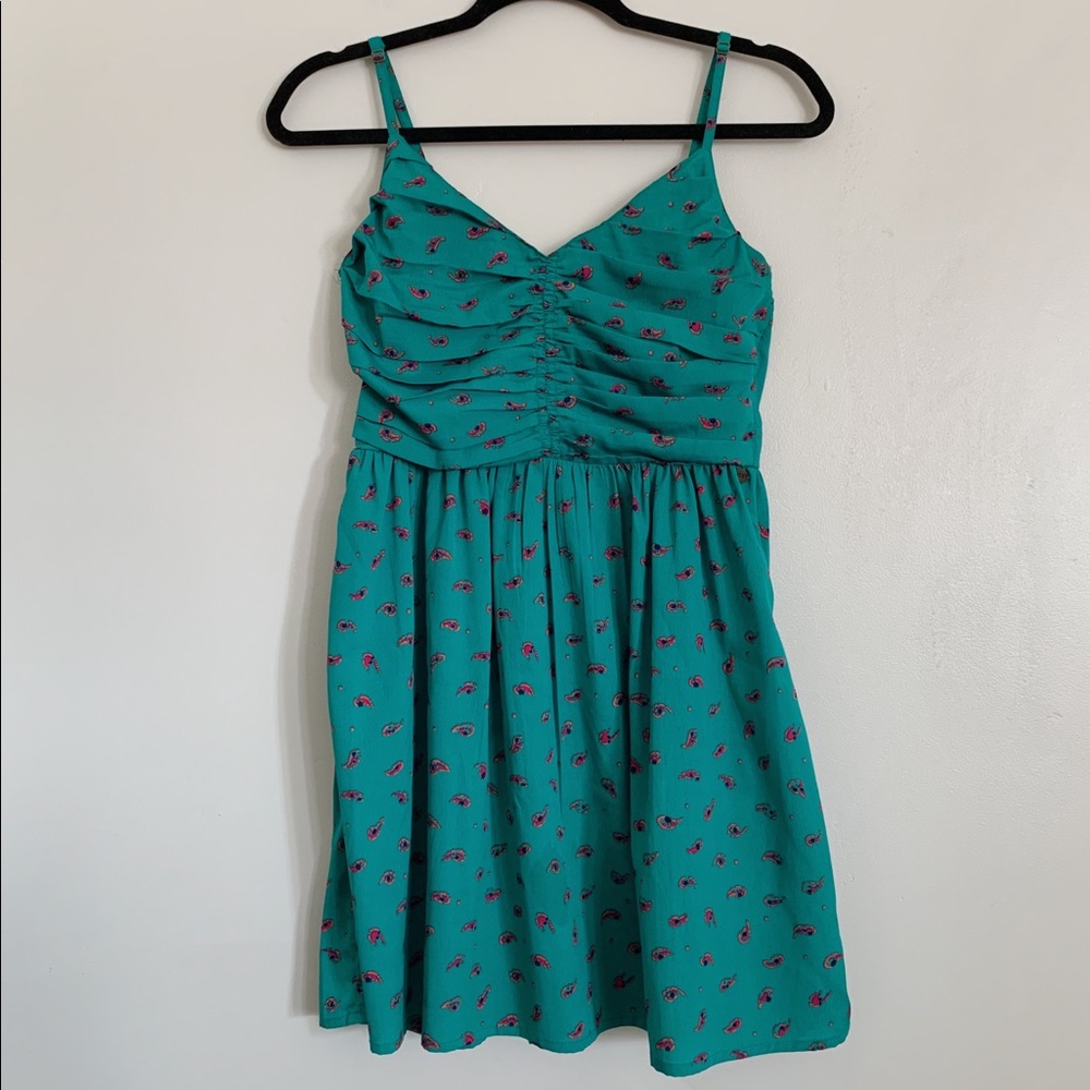 Teal and Pink Roxy Floral Print Pleated Bodice Spaghetti Strap Mini Sun Dress M